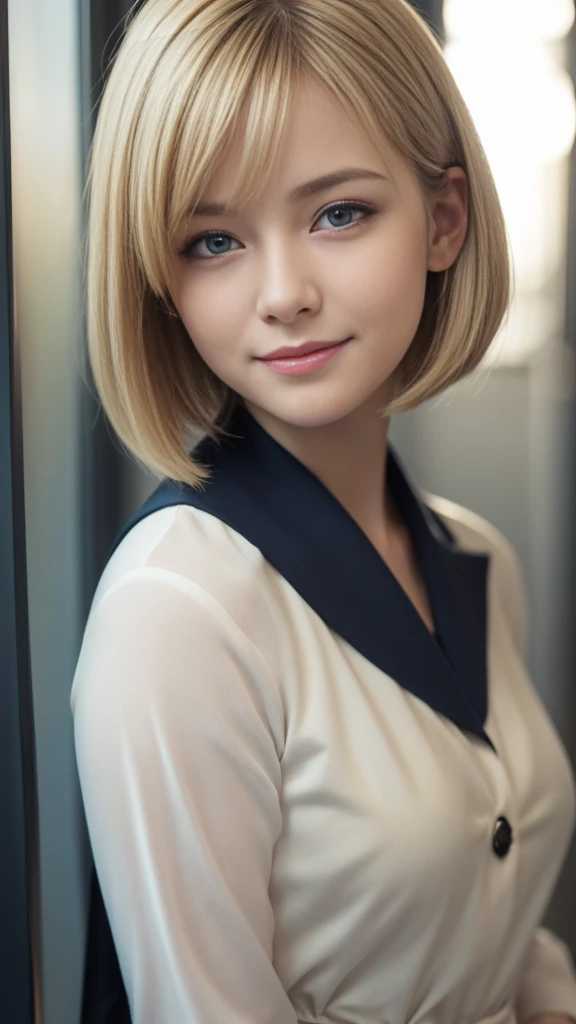 Highest quality,masterpiece:1.3,Ultra-high resolution),(Very detailed,Caustics,8K),(Realistic:1.4,RAW shooting),Wearing a high school uniform、American Girl,smile,18-year-old,Blonde Hair Color、American eyes、Short Bob Haircut,Looking into the camera,School corridor、Waist up shot,front,Face Focus,Face close-up,(Warm Light),Professional Writing、Face to the side