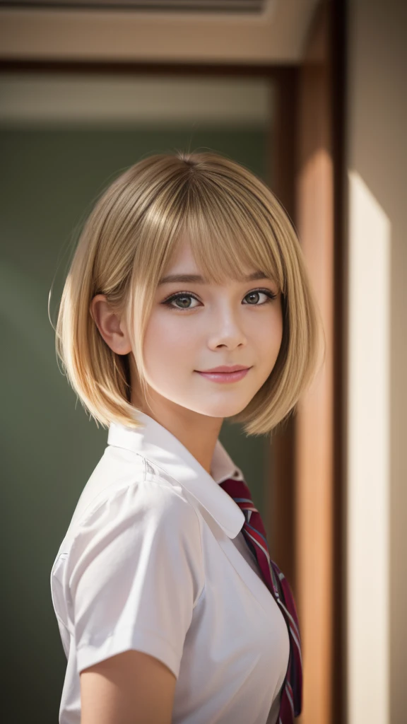 Highest quality,masterpiece:1.3,Ultra-high resolution),(Very detailed,Caustics,8K),(Realistic:1.4,RAW shooting),Wearing a high school uniform、American Girl,smile,18-year-old,Blonde Hair Color、American eyes、Short Bob Haircut,Looking into the camera,School corridor、Waist up shot,front,Face Focus,Face close-up,(Warm Light),Professional Writing、Face to the side