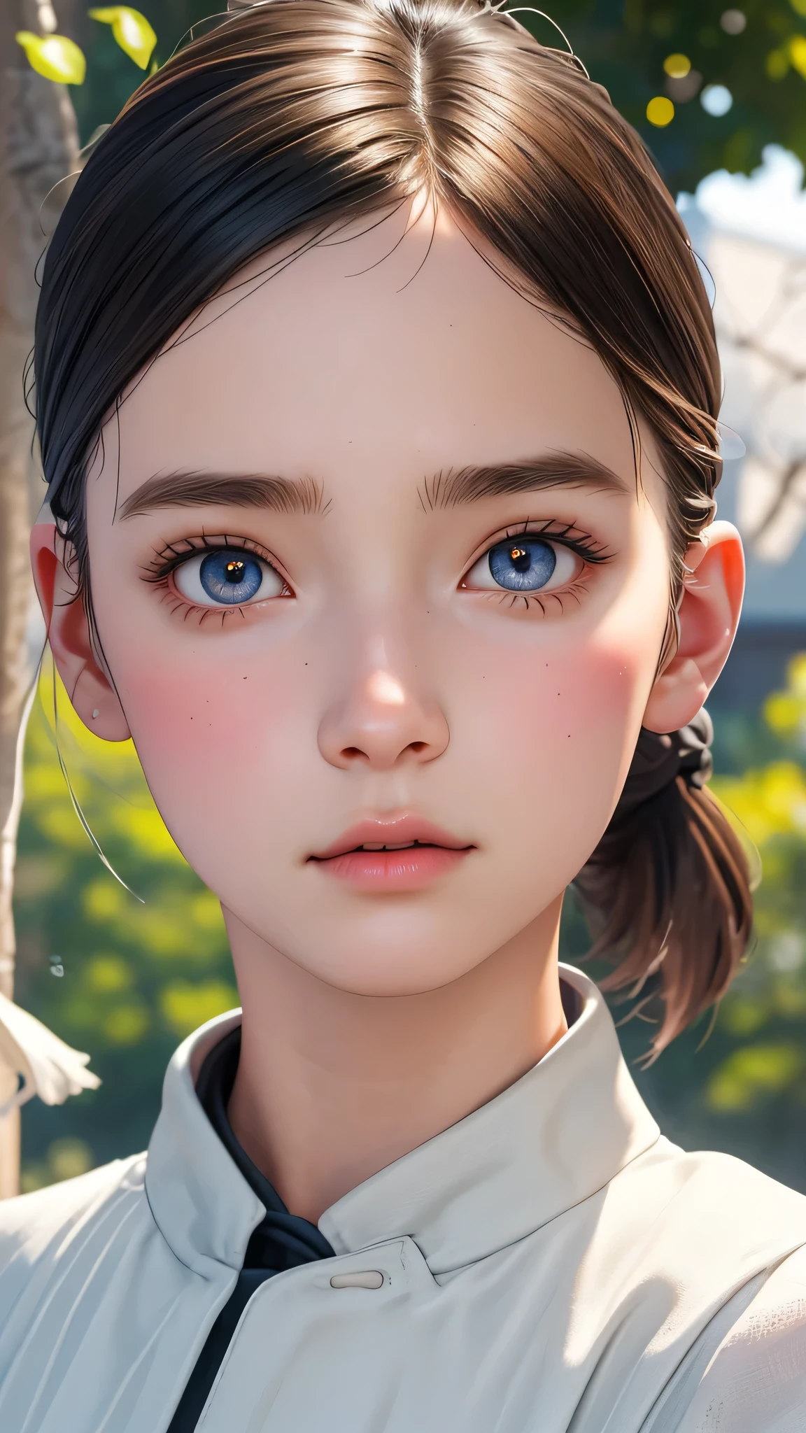 One Girl，(1人のとてもcute女の子:1.3)，masterpiece，Highest quality，High resolution，From below，Low - Angle，Photorealistic，RAW Photos，Ray Tracing，beautiful girl，(15 years old:1.3)，cute，Big eyes，(detailed pupils:1.2)，(The face is facing straight ahead:1.3)，Body facing forward，Beautiful nose，High nose，Upturned nose，Fuller lips，Short black hair，ponytail，short hair，Detailed eyelashes，Thin eyebrows，Very fine grain definition，(Symmetrical eyes:1.3)，(Face close-up，Face Focus:1.0)，Small breasts，Short neck，，Red and white brick building，Western-style building，poplar tree，Portrait，View Viewer，Upper Body，Cinema Lighting，High resolution，Very detailed