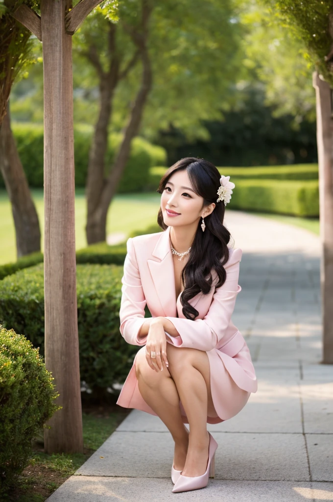 Wedding venue garden,President of import goods sales company,((full body)),((photo)),((best qualtiy, 8K, tmasterpiece:1.3)), Focus:1.2, perfect figure beautiful woman:1.4,1woman,cowboy shot,look at viewer,incredibly absurd, beautiful and cute woman with a photorealistic face, showcasing top-quality craftsmanship, A Japanese woman attending her sister's wedding at a wedding venue, 35 years old, long hair, straight black hair, shiny, silky hair that curls inwards, narrow double eyelids, long eyelashes, pronounced eyebrows, high nose, thin lips, white teeth, bright smile, smooth, honey-colored skin, thin neck, tall, glamorous, slender, F-cup breasts, pale pink suit, knee-length pencil skirt, high heels, diamond earrings and necklace, luxury brand watch, clutch bag, cigar, beautiful, lady-like, pretty older sister, celebrity-like, adult woman, intelligent, calm, kind, playful, sharp-tongued, soothing to those around, refined, elegant, June
