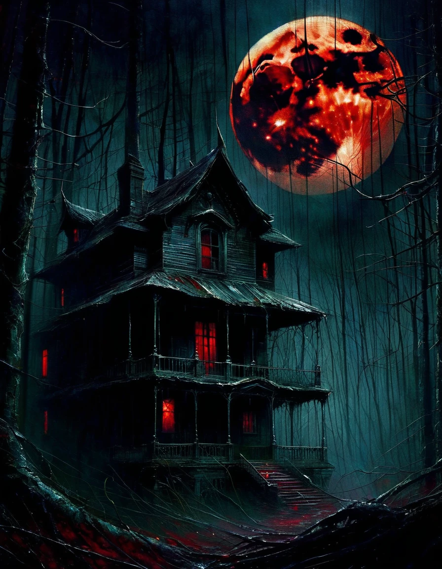 A sinister feline in the gloomy forest, An abandoned residence under the red moon, painting, Dark and atmospheric, Very detailed, Surrealism, Dramatic Lighting, Rich texture, Moody Palette, Inspired by Sienkiewicz, masterpiece, best quality, 8K, Extremely detailed, Reality