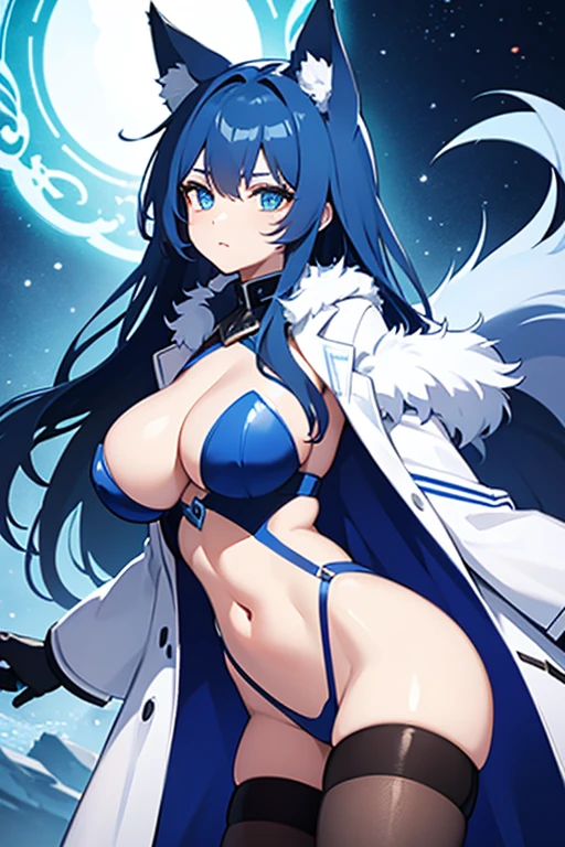 Wolf woman, with big blue hair, white coat, with white tail with blue, with blue eyes 