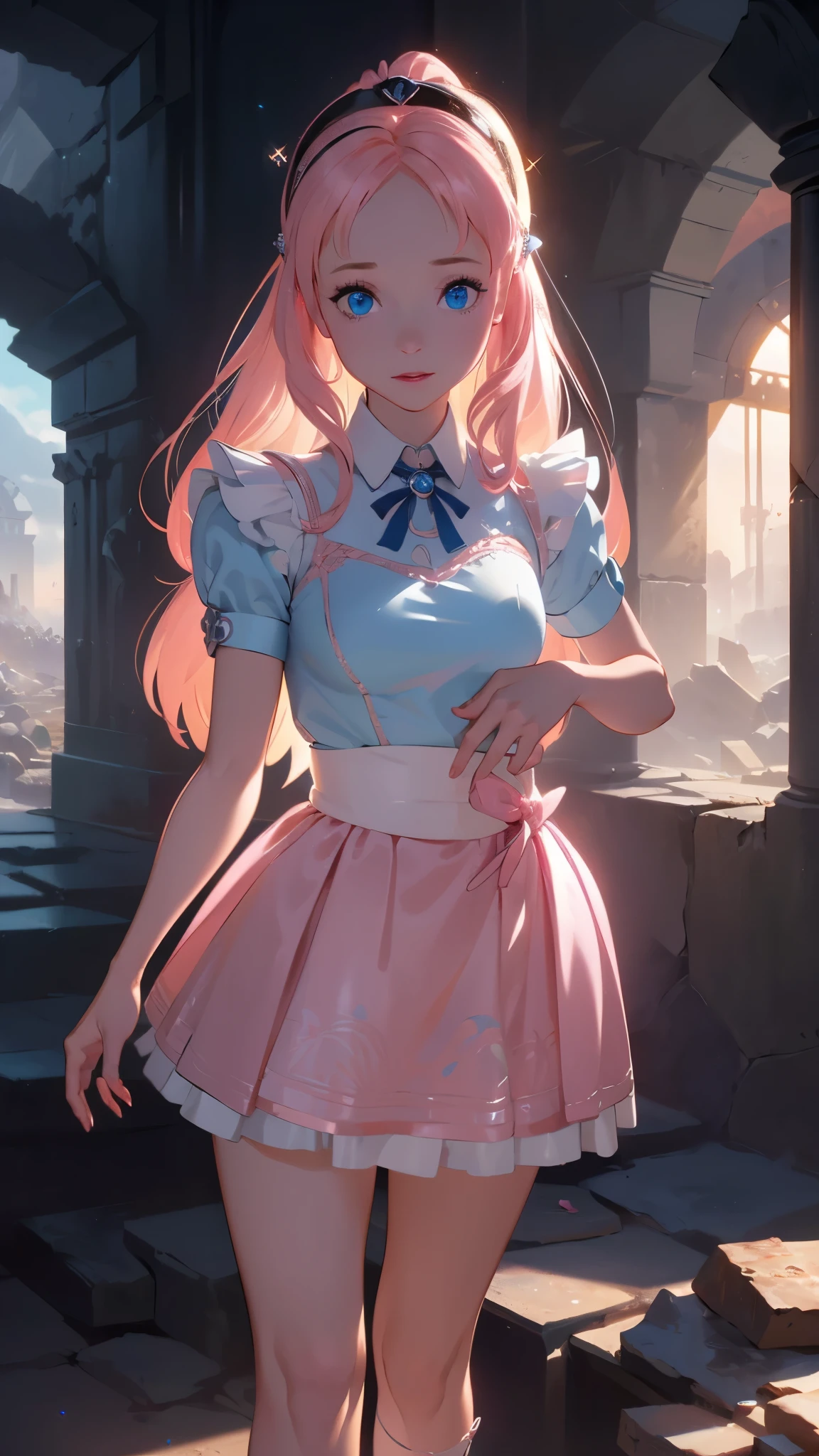 (La Best Quality,A high resolution,Ultra - detailed,actual),Baby metal japan, metallic  costume,(mini skirt pink :1.4) ,(Ruined dungeon ruins background:1.4 ), More detailed 8K.unreal engine:1.4,UHD,La Best Quality:1.4, photorealistic:1.4, skin texture:1.4, Masterpiece:1.8,first work, Best Quality,object object], (detailed face features:1.3),(The correct proportions),(Beautiful blue eyes),  (cowboy pose), (Five Fingers, Four fingers and thumb),(Baby metal :1.4), (skirt lifted by itself: 1.1), (skirt lift: 1.3), (showing white panties: 1.3), (iluminación cinematográfica :1.4),( colores brillantes) 