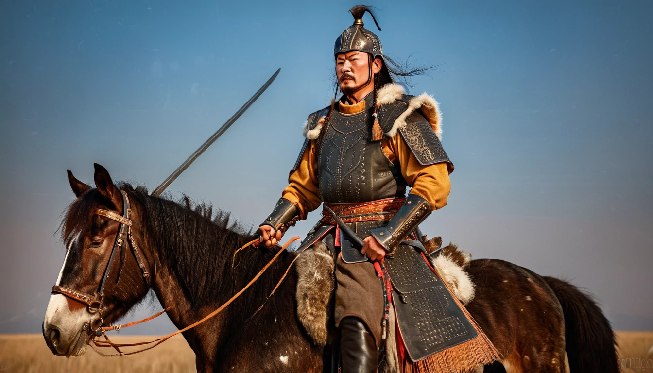 General Kraus, Wearing leather armor、Leather protectors，Holding a Mongolian scimitar, Highly detailed characters, Mongolian man with high cheekbones，Clear and refined face，Mongolian Cavalry，The generals of the Ming Dynasty had white tassels or feathers on their helmets，Norse epic hero, Muscular man with war god tattoo, Riding on horseback, Portrait photography style，Light, (Extremely detailed CG 8k wallpaper), The most beautiful works of art in the world - full body photos, original皮甲, Mongolian small shield，Human Portrait, hunter, Animal hides，brutal，original, macho man, Ed Blinkey (Ed Blinkey) Magnificent professional oil paintings created, Artie Guerlain, Studio Ghibli, Courtesy of Jeremy Mann, Greg Manches, Antonio Moro, Art Station Trends, Social Trends, Wheels within wheels, High Detail, sharp focus, Dramatic and realistic art by Midjourney and Greg Rutkowski, Horse has armor，Charge and Slash