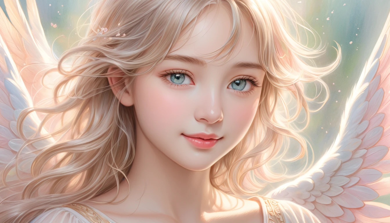 title: "Ethereal Whispers: Gentle smile" Art Style: Colored pencil drawing - texture: soft and ethereal, A color palette with a focus on subtle shading: Pastel tones with light gold accents, Light pink and light gold express transparency and gentleness: - The name of the piece: Waist shot portrait of an angel with a gentle expression with eyes closed, Front View - Features: Delicately defined, Emphasizing the transparency and purity of your subject's skin - Expression: Subtleties, Gentle smile, Communicating Inner Peace and Contentment - Eyes: softly closed or gazing downwards, Enhances a sense of introspection and calm - Hair: Light and airy, Fine hairs highlighted by sunlight, Increased transparency - background: Blurred, Dreamy Background - Elements: Reminiscent of a serene natural landscape, Soft focus garden and watercolor sky - lighting: soft, Diffuse light illuminating the subject's face, Emphasise transparency and purity of expression: Peaceful and introspective, Capturing moments of quiet joy and ethereal beauty,Highest quality,Top quality exquisite and realistic angel wings,soft光を放つ大きな翼,1 Female,Cute angel,Smiling Angel,Angel wearing a long-sleeved white blouse,Lolita,Long sleeve blouse,Angel wearing western clothes,Close up of hands,A soft magical light emanates from your hands,Reiki,Emit healing energy from your hands,magical energy,Smiling angel with eyes closed,pray天使,meditation,pray,Bright landscape,A gentle gaze,love,mercy,にっこりとSmiling Angel,rainbow,Top quality masterpiece, Highest quality and official artistic standards, A beautiful and visually stunning angel,This piece is very ingenious, rich in color, Exquisitely crafted down to the last detail, Vibrant, Vibrant, A unique visual experience. Optical blending technology brings playful patterns、Add depth to your artwork, Enhances overall texture and color richness, Beautiful angel,Focus on the hands,Focus on the magic light,noon,Midsummer,Bright sunshine,albino,Blonde Hair