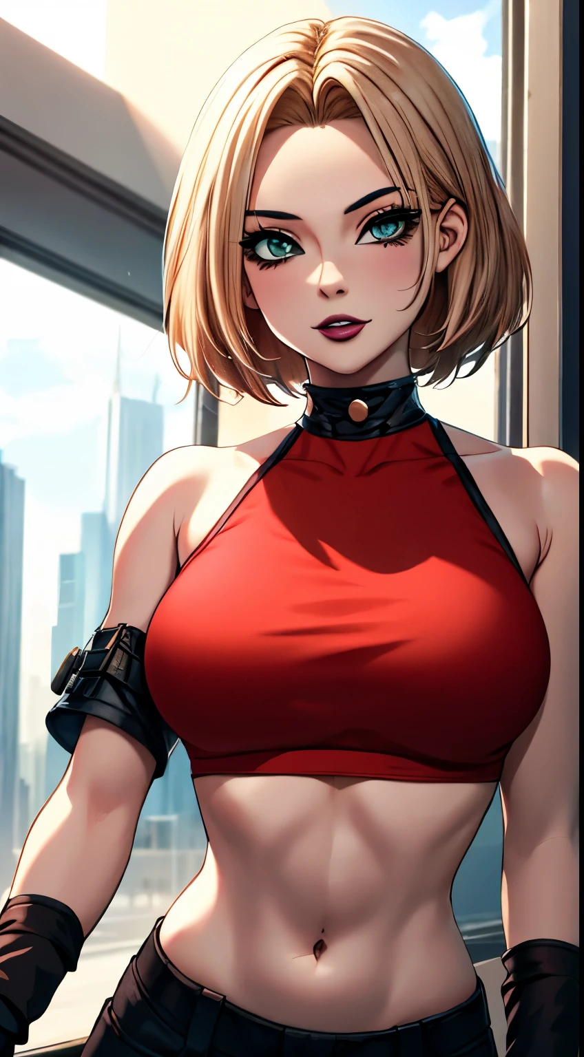 tmasterpiece,, Best quality at best, A high resolution, 1girll， with short golden hair，Red clotheary，hason, Crop top, (Large breasts 1.4), nabel，Fighting posture，cyber punk perssonage，City streets