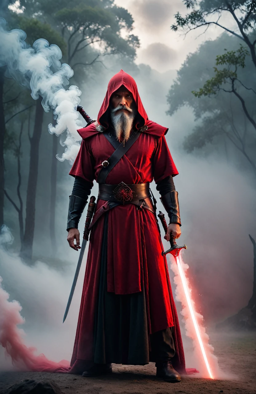 Movie stills: A red sword emitting a lot of smoke. There is a kind old man next to him. Shroud your surroundings in a mysterious and surreal mist. Smoke takes on unusual forms and shapes, Create surreal visual effects. . Shallow depth of field, Vignette, Very detailed, High budget, Bokeh, Cinemascope, moody, epic, Gorgeous, film grain, Granular