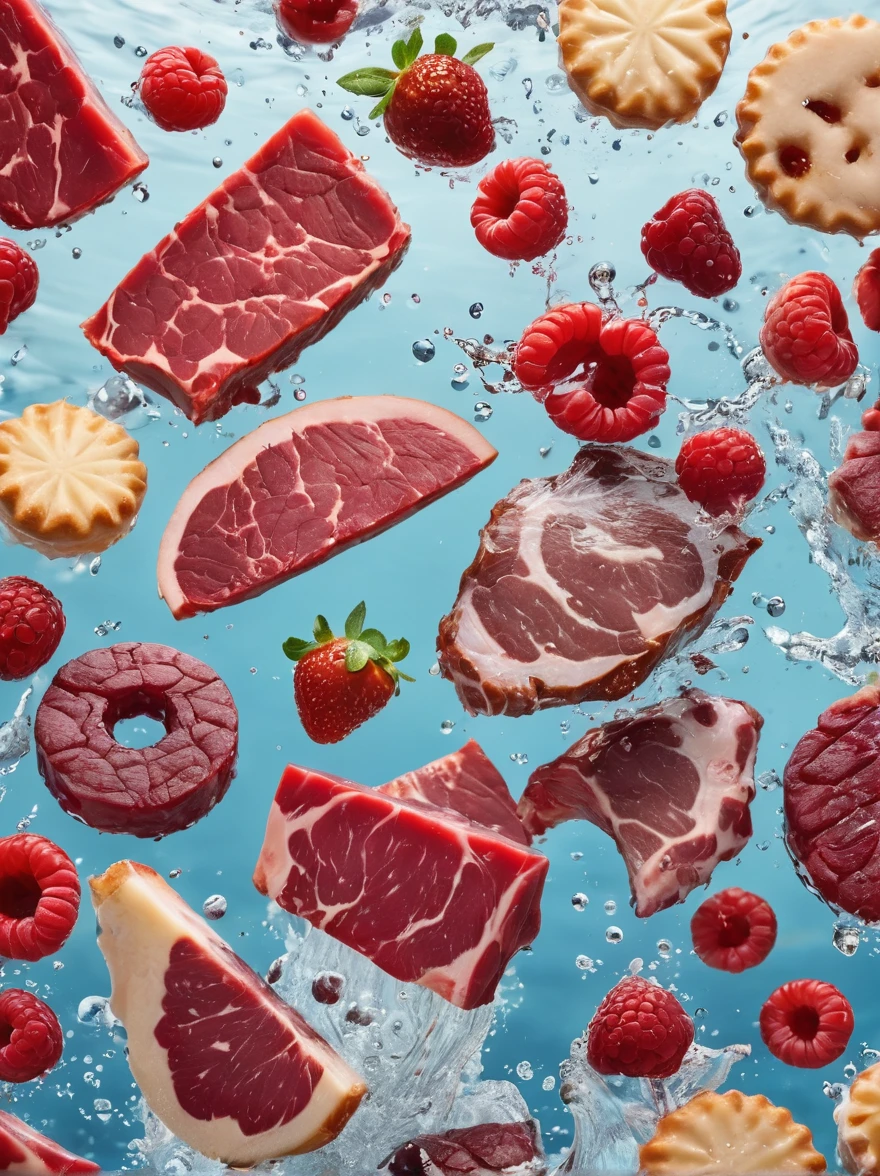 fresh various meat seamless background, dropping in the water, splash water. shot using a leica camera, professional color grading. desserts magazine photographyiso 300. accomplishment winning photography. advertising photographyclean sharp focus. high - end compositing. commercial photography. soft shadows 8k