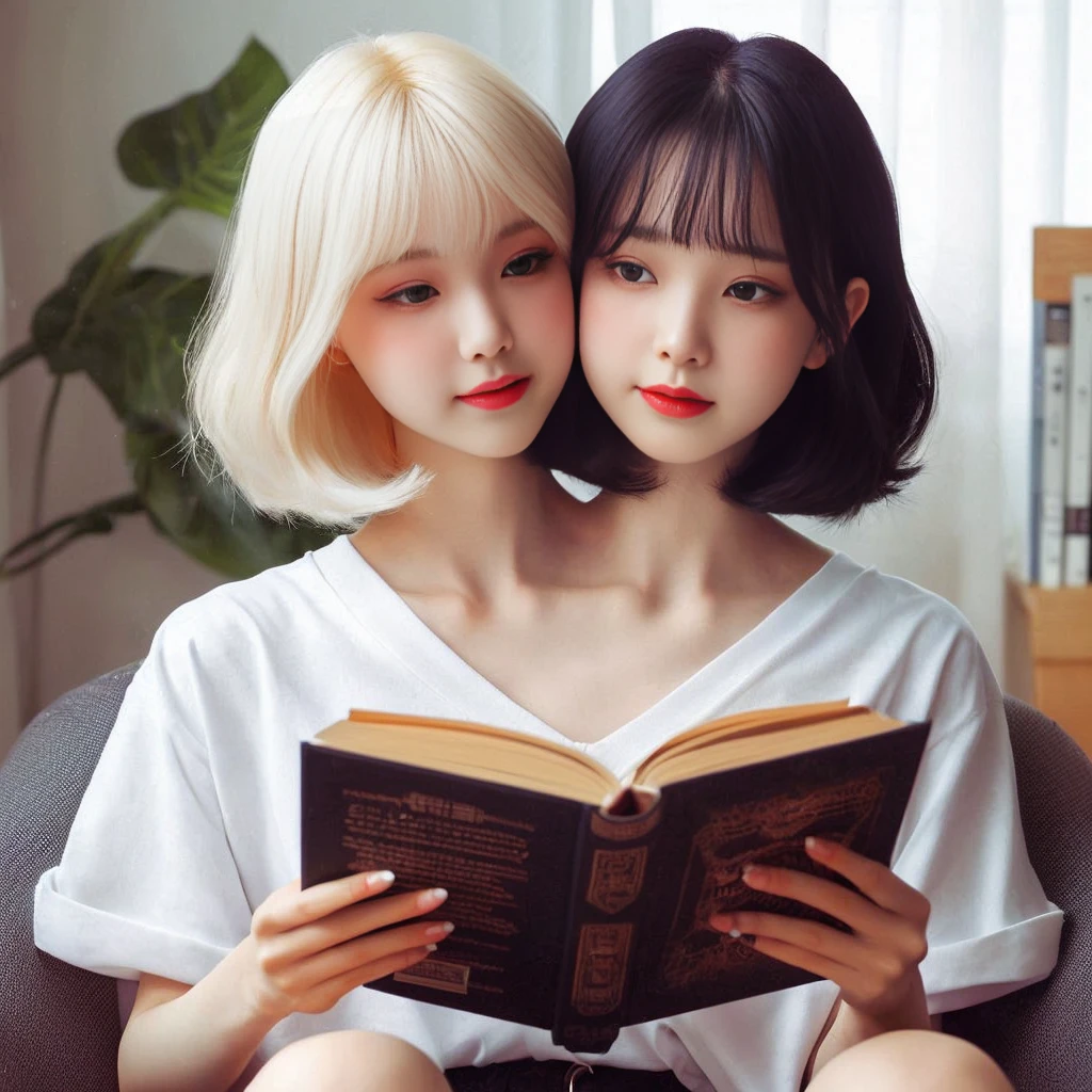 2heads, best resolution, korean woman with two heads, blonde hair, black hair, lipstick, white v-neck, denims ,different faces, reading book, living room background