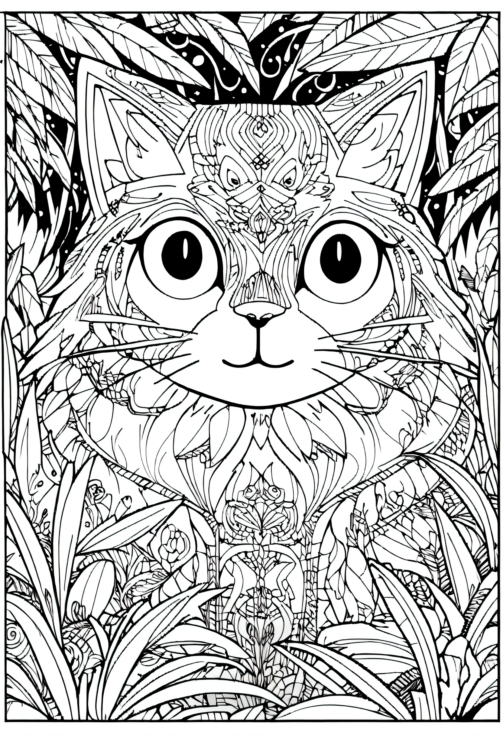 A drawing of an angora cat lying in a jungle field., coloring page, very detailed illustration, very detailed lines, extremely detailed line work, Very detailed portrait, incredibly detailed line of work, hyper detailed line art, Very detailed drawing, line art coloring page, very detailed illustration.", extremely detailed portrait, very detailed illustration, very detailed artwork, detailed digital drawing