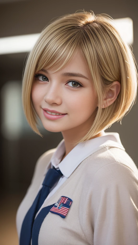 Highest quality,masterpiece:1.3,Ultra-high resolution),(Very detailed,Caustics,8K),(Realistic:1.4,RAW shooting),Wearing a high school uniform、American Girl,smile,18-year-old,Blonde Hair Color、American eyes、Short Bob Haircut,Looking into the camera,School corridor、Waist up shot,front,Face Focus,Face close-up,(Warm Light),Professional Writing、Face to the side