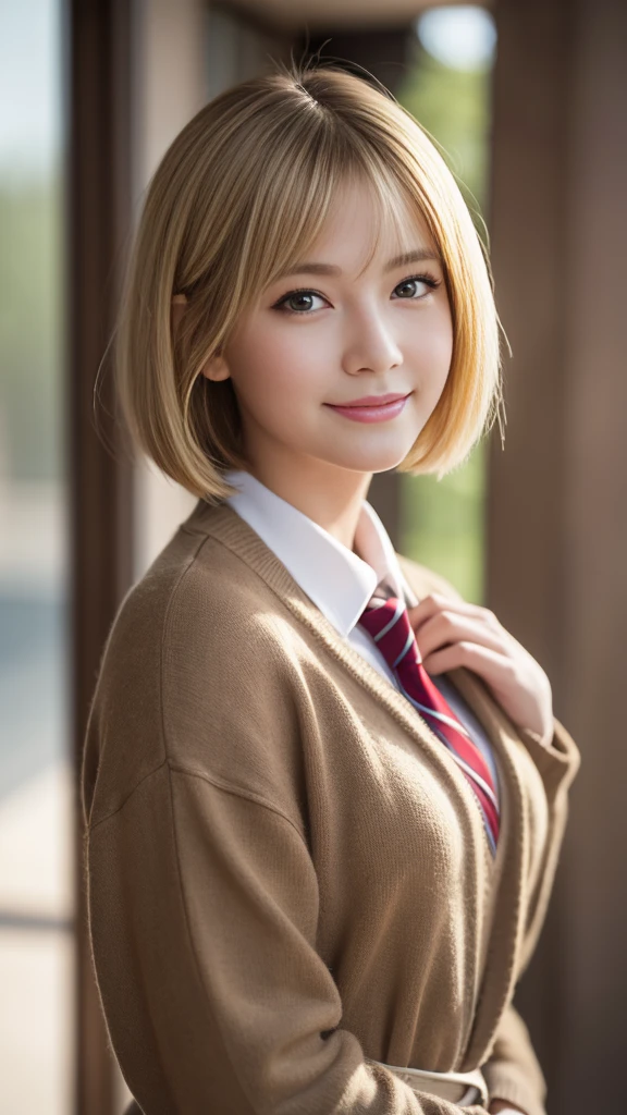 Highest quality,masterpiece:1.3,Ultra-high resolution),(Very detailed,Caustics,8K),(Realistic:1.4,RAW shooting),Wearing a high school uniform、American Girl,smile,18-year-old,Blonde Hair Color、American eyes、Short Bob Haircut,Looking into the camera,School corridor、Waist up shot,front,Face Focus,Face close-up,(Warm Light),Professional Writing、Face to the side