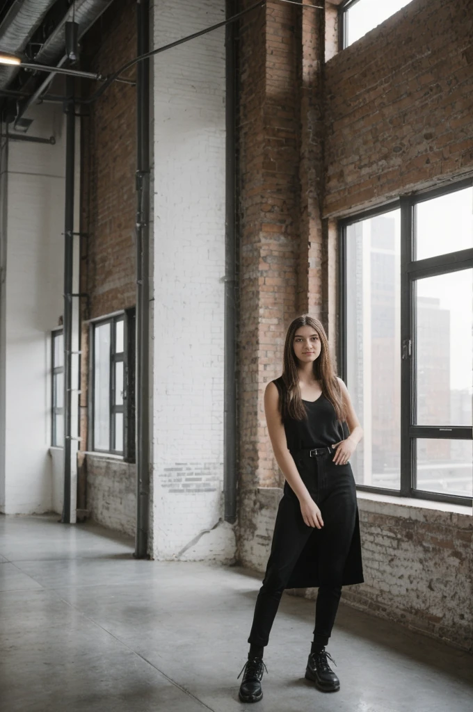 her name is Annie, high quality, 1girl, ((20-year-old fit Caucasian woman)), ((20 years old)), ((fit)) black long hair, pose: standing, wearing gen Z modern wear, BACKGROUND: From an industrial-chic Brooklyn loft, featuring exposed brick walls, large windows with city views, and modern, minimalist decor.