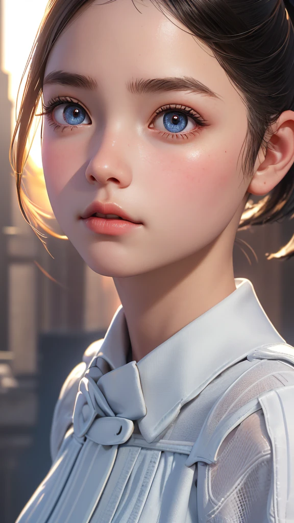 One Girl,(1人のとてもcute女の子:1.3),masterpiece,Highest quality,High resolution,From below,Low - Angle,Photorealistic,RAW Photos,Ray Tracing,beautiful girl,(:1.3),cute,Big eyes,(detailed pupils:1.2),(The face is facing straight ahead:1.3),Body facing forward,Beautiful nose,High nose,Upturned nose,Fuller lips,Short black hair,ponytail,short hair,Detailed eyelashes,Thin eyebrows,Very fine grain definition,(Symmetrical eyes:1.3),(Face close-up,Face Focus:1.0),Small breasts,Short neck,Off the shoulder,Red and white brick building,Western-style building,poplar tree,Portrait,View Viewer,Upper Body,Cinema Lighting,High resolution,Very detailed