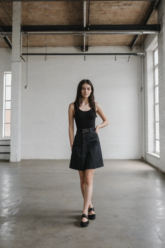 her name is Annie, high quality, 1girl, ((20-year-old fit Caucasian woman)), ((20 years old)), ((fit)) black long hair, pose: standing, wearing gen Z modern wear, BACKGROUND: From an industrial-chic Brooklyn loft, featuring exposed brick walls, large windows with city views, and modern, minimalist decor.