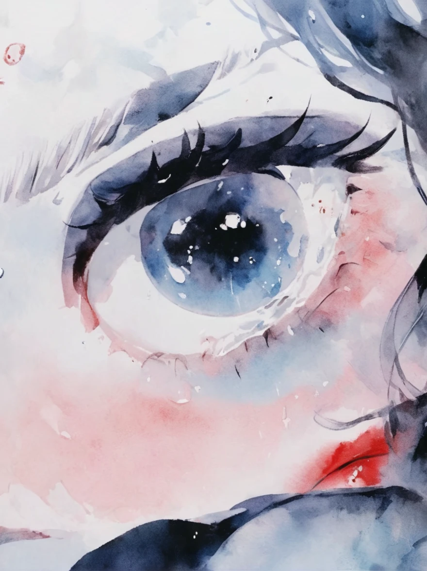 White background, the word "Death" written in red ink and an illustration of half a face with tears falling from her eyes in the style of anime, digital art, a digital drawing in the style of digital watercolor, pastel colors, minimalistic and simple design, cute with simple lines, very low detail and few details, closeup with no shadows and a flat white background, png transparent format.