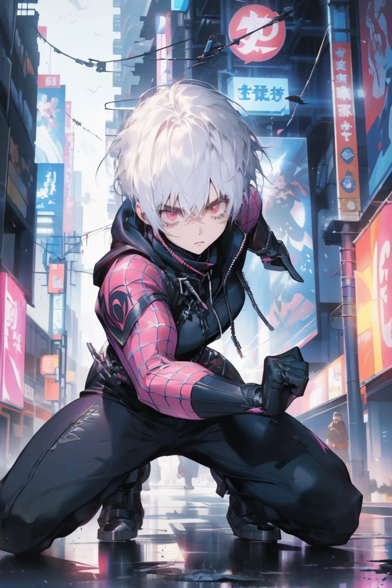(Spider-Woman from the Cyberpunk Universe), (但Chivalrous style), (Chivalrous style), (She has white hair and pink eyes), (She has a rock and roll style)
