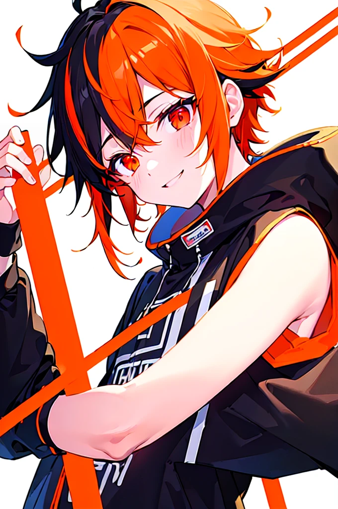 [(WHITE BACKGROUND:1.5),::5], ((((masterpiece)))), high quality, ultra very high resolution, full color, (((solo))), ((little boy)), black hair, ((orange streaked hair)), (red eyes), anime, ((upper body)), neon light, black parka,