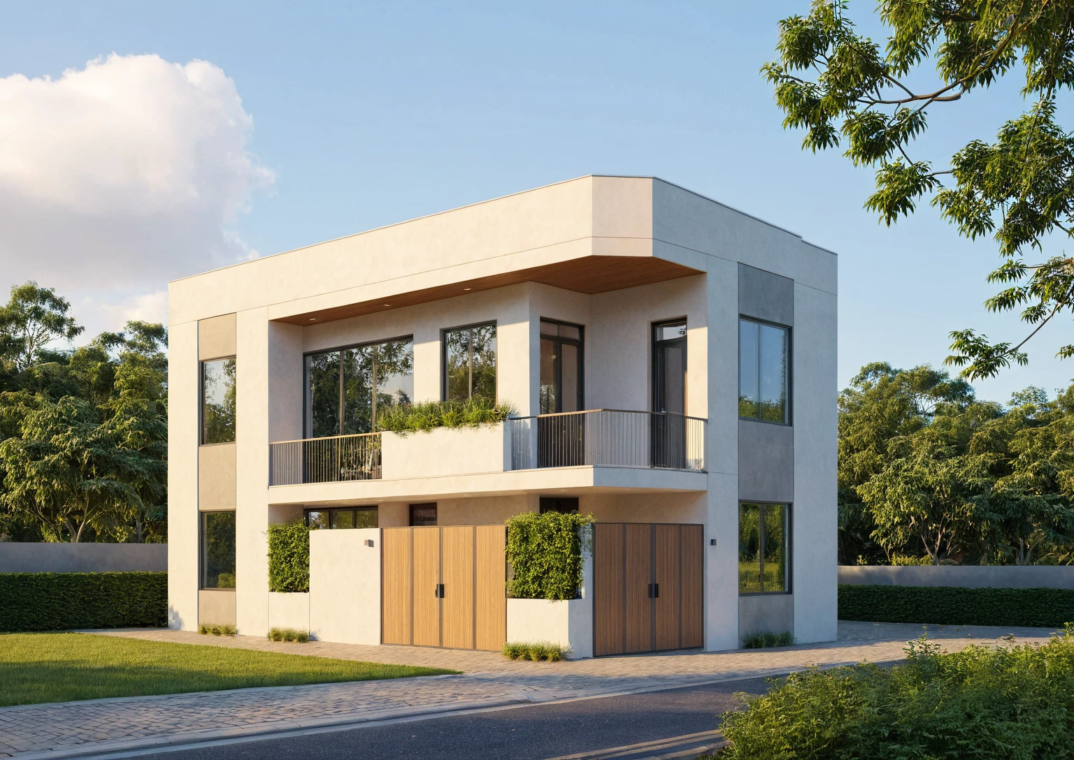 Raw photo,Masterpiece, high quality, best quality, authentic, super detail,
exterior, outdoors, house style modern on the street, glass windows, gate, wooden ceiling,
road,pavement, trees, sky, cloud, (daylight:1.1)