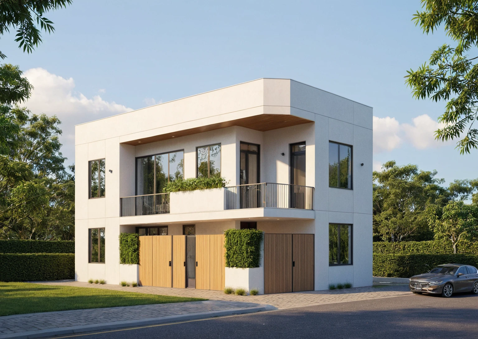 Raw photo,Masterpiece, high quality, best quality, authentic, super detail,
exterior, outdoors, house style modern on the street, glass windows, gate, wooden ceiling,
road,pavement, trees, sky, cloud, (daylight:1.1)