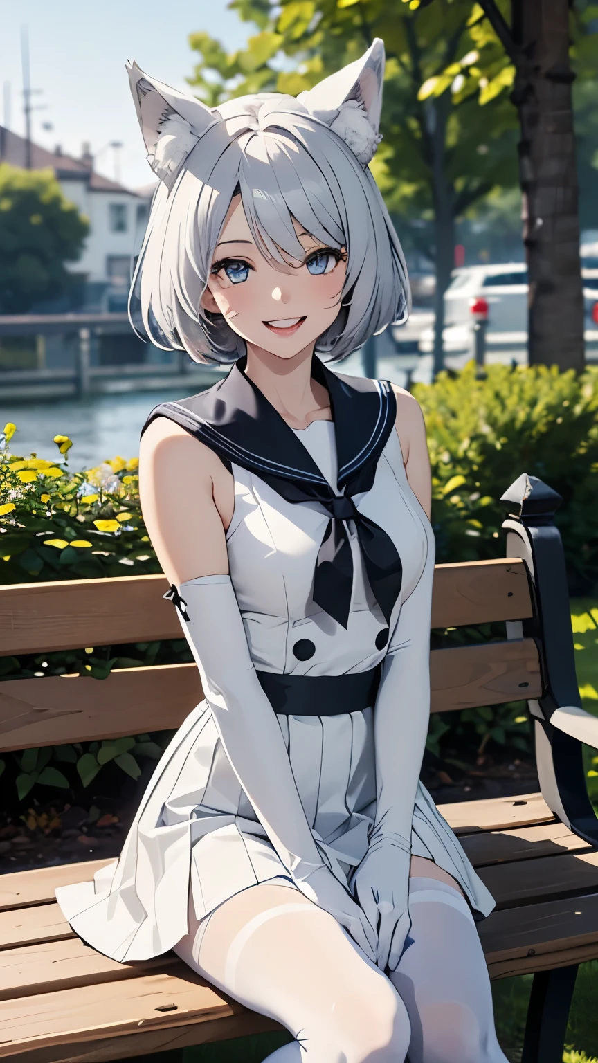 Tabletop high resolution Best image quality 8K Adult female Portraiture White long gloves(Elbow Gloves) Pure white pantyhose Sailor suit(Sleeveless) mini skirt White wolf ears short hair((Shortcuts)(Gray Hair)(Perm)(fluffy)) Eye is blue Fascinating face((Laughter)(smile)(Open your mouth)) Sit on a bench garden draw a picture