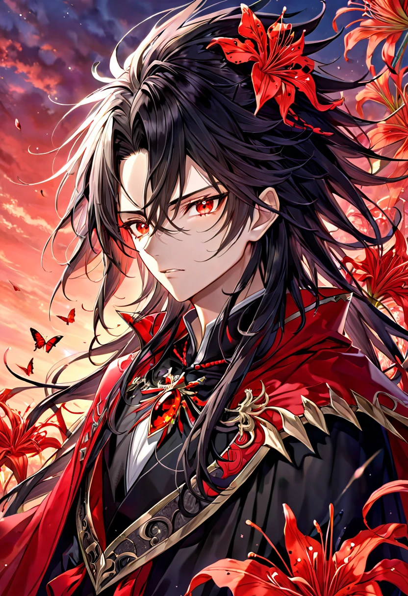 absurdres, highres, ultra detailed, HDR, master piece, best quality, extremely detailed face, delicated features, Xue Yu, untamed spiky hair, black long hair, hair between the eyes, expressive red eyes, Thousand Years War, solo, sexy man, handsome, toned chest, black cape, red robes, accessories, patterns, red sky, red butterflies, red spider lilies, fantasy, magical, radiant