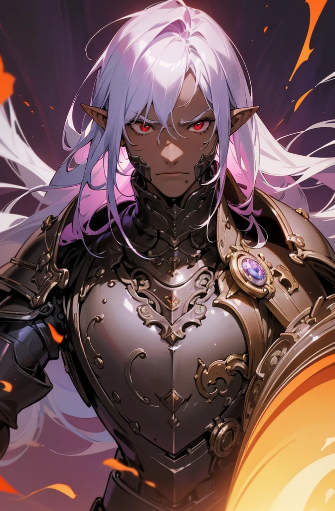 masterpiece, best quality, ultra high res, dark theme, 1boy, (dungeonpunk armor), (mechanical steampunk armor), (wearing armor), fantasy illustration, dark skinned, human, upper body, portrait, red eyes, long white hair, half-drow, pointy ears, serious face, young man, dramatic lighting, purple hue, art by Kinema Citrus