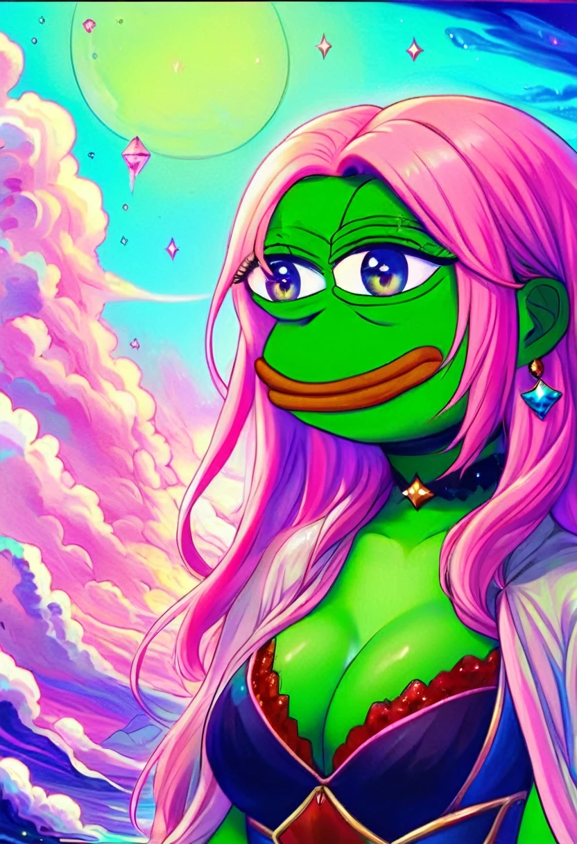 a cartoon picture of a woman with pink hair and a green frog, super rich happy pepe, 4 chan pepe, portrait of pepe the frog, in a lisa frank art style, portrait of a lisa frank, pepe the frog, pepe frog, kermit the frog as thanos, king pepe with rainbow wig, lucio as a woman, inspired by Yanagawa Shigenobu