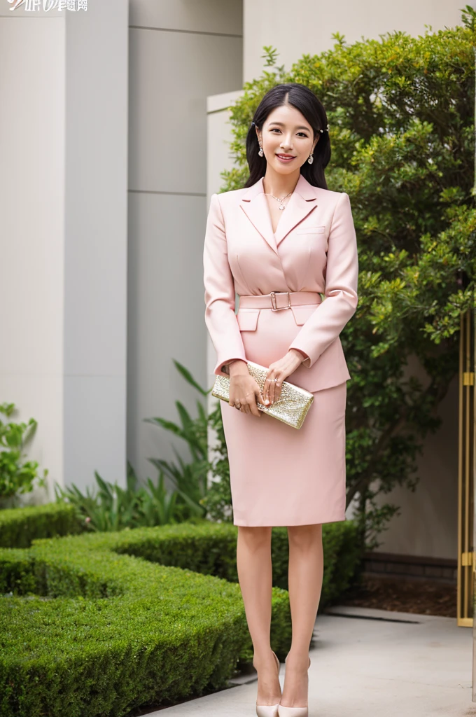 Wedding venue garden,President of import goods sales company,((full body)),((photo)),((best qualtiy, 8K, tmasterpiece:1.3)), Focus:1.2, perfect figure beautiful woman:1.4,1woman,cowboy shot,look at viewer,incredibly absurd, beautiful and cute woman with a photorealistic face, showcasing top-quality craftsmanship, A Japanese woman attending her sister's wedding at a wedding venue, 35 years old, long hair, straight black hair, shiny, silky hair that curls inwards, narrow double eyelids, long eyelashes, pronounced eyebrows, high nose, thin lips, white teeth, bright smile, smooth, honey-colored skin, thin neck, tall, glamorous, slender, F-cup breasts, pale pink suit, knee-length pencil skirt, high heels, diamond earrings and necklace, luxury brand watch, clutch bag, cigar, beautiful, lady-like, pretty older sister, celebrity-like, adult woman, intelligent, calm, kind, playful, sharp-tongued, soothing to those around, refined, elegant, June