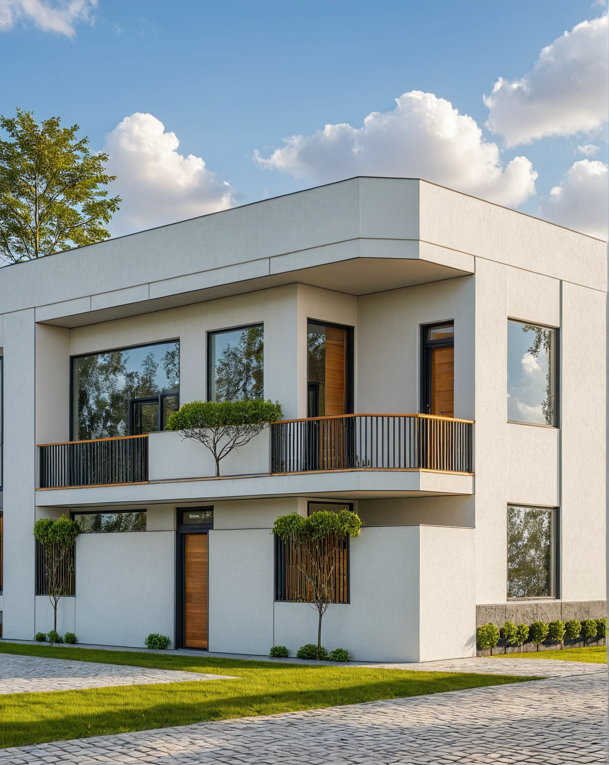 Masterpiece, high quality, best quality, authentic, super detail, outdoors, onestoreyvillaXL, aiaigroup, house style modern on the street ,stairs, white wall ,road,pavement, grass, trees, sky, cloud, (daylight:1.1)