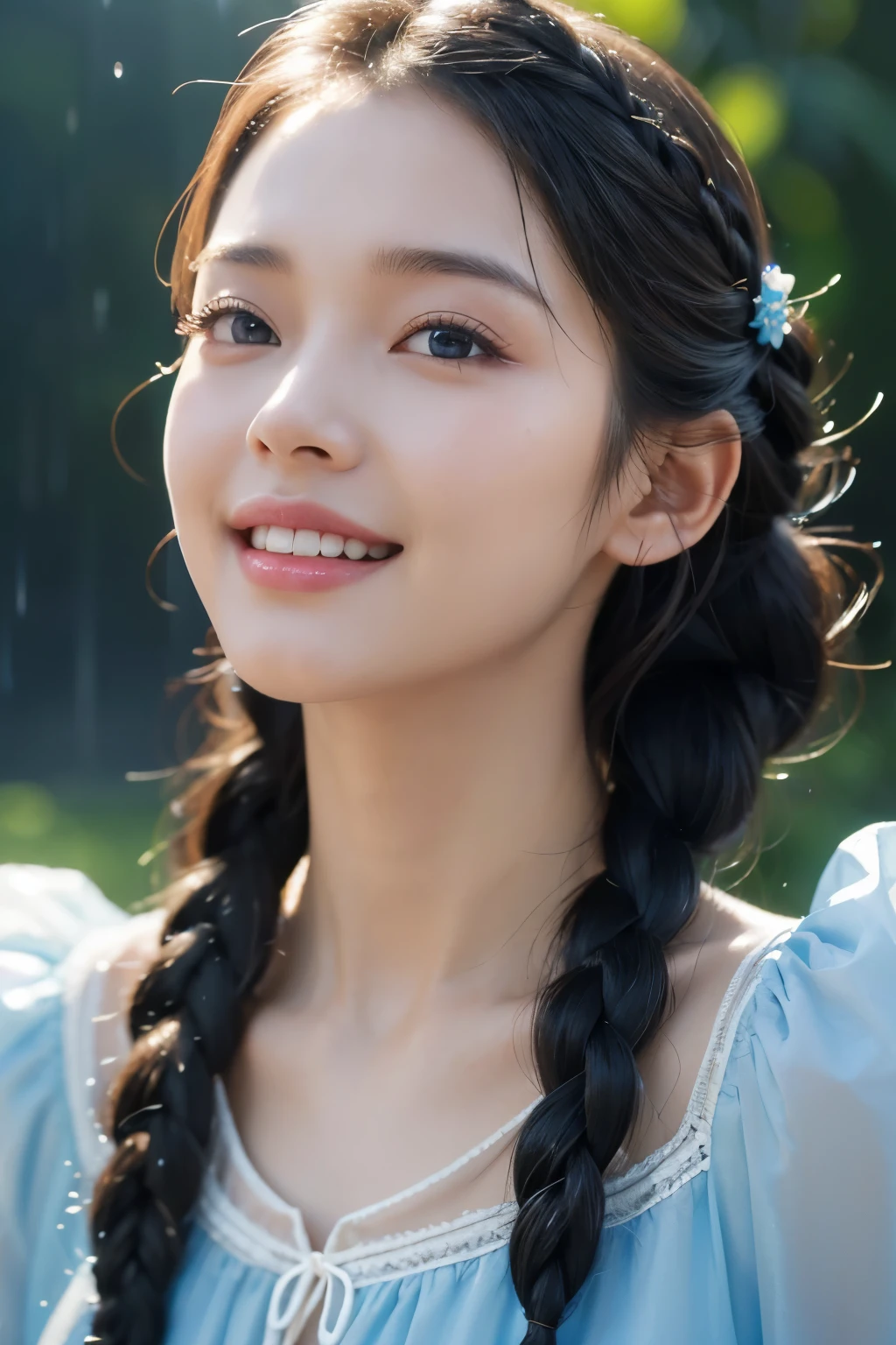close up, masterpiece, super detailed face in each part as bright surreal smooth skin and white teeth, godness with braids and blue dress standing in the light rain, extremely beautiful young woman, super detailed face, eyes, smooth skin, charming smile captivating, beautiful digital artwork, masterpiece skin, 8K