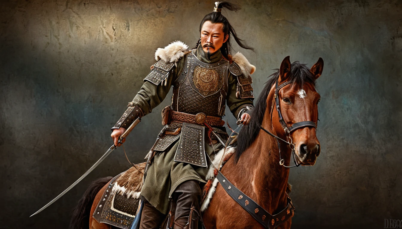 General Kraus, Wearing leather armor、Leather protectors,Holding a Mongolian scimitar, Highly detailed characters, Mongolian man with high cheekbones,Clear and refined face,Mongolian Cavalry,The generals of the Ming Dynasty had white tassels or feathers on their helmets,Norse epic hero, Muscular man with war god tattoo, Riding on horseback, Portrait photography style,Light, (Extremely detailed CG 8k wallpaper), The most beautiful works of art in the world - full body photos, original皮甲, Mongolian small shield,Human Portrait, hunter, Animal hides,brutal,original, macho man, Ed Blinkey (Ed Blinkey) Magnificent professional oil paintings created, Artie Guerlain, Studio Ghibli, Courtesy of Jeremy Mann, Greg Manches, Antonio Moro, Art Station Trends, Social Trends, Wheels within wheels, High Detail, sharp focus, Dramatic and realistic art by Midjourney and Greg Rutkowski, Horse has armor,Charge and Slash