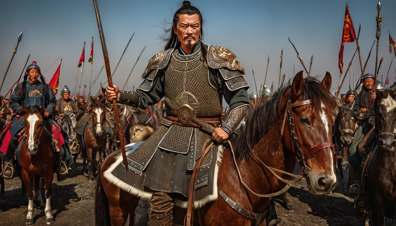 General Kraus, Wearing leather armor、Leather protectors,Holding a Mongolian scimitar, Highly detailed characters, Mongolian man with high cheekbones,Clear and refined face,Mongolian Cavalry,The generals of the Ming Dynasty had white tassels or feathers on their helmets,Norse epic hero, Muscular man with war god tattoo, Riding on horseback, Portrait photography style,Light, (Extremely detailed CG 8k wallpaper), The most beautiful works of art in the world - full body photos, original皮甲, Mongolian small shield,Human Portrait, hunter, Animal hides,brutal,original, macho man, Ed Blinkey (Ed Blinkey) Magnificent professional oil paintings created, Artie Guerlain, Studio Ghibli, Courtesy of Jeremy Mann, Greg Manches, Antonio Moro, Art Station Trends, Social Trends, Wheels within wheels, High Detail, sharp focus, Dramatic and realistic art by Midjourney and Greg Rutkowski, Horse has armor,Charge and Slash