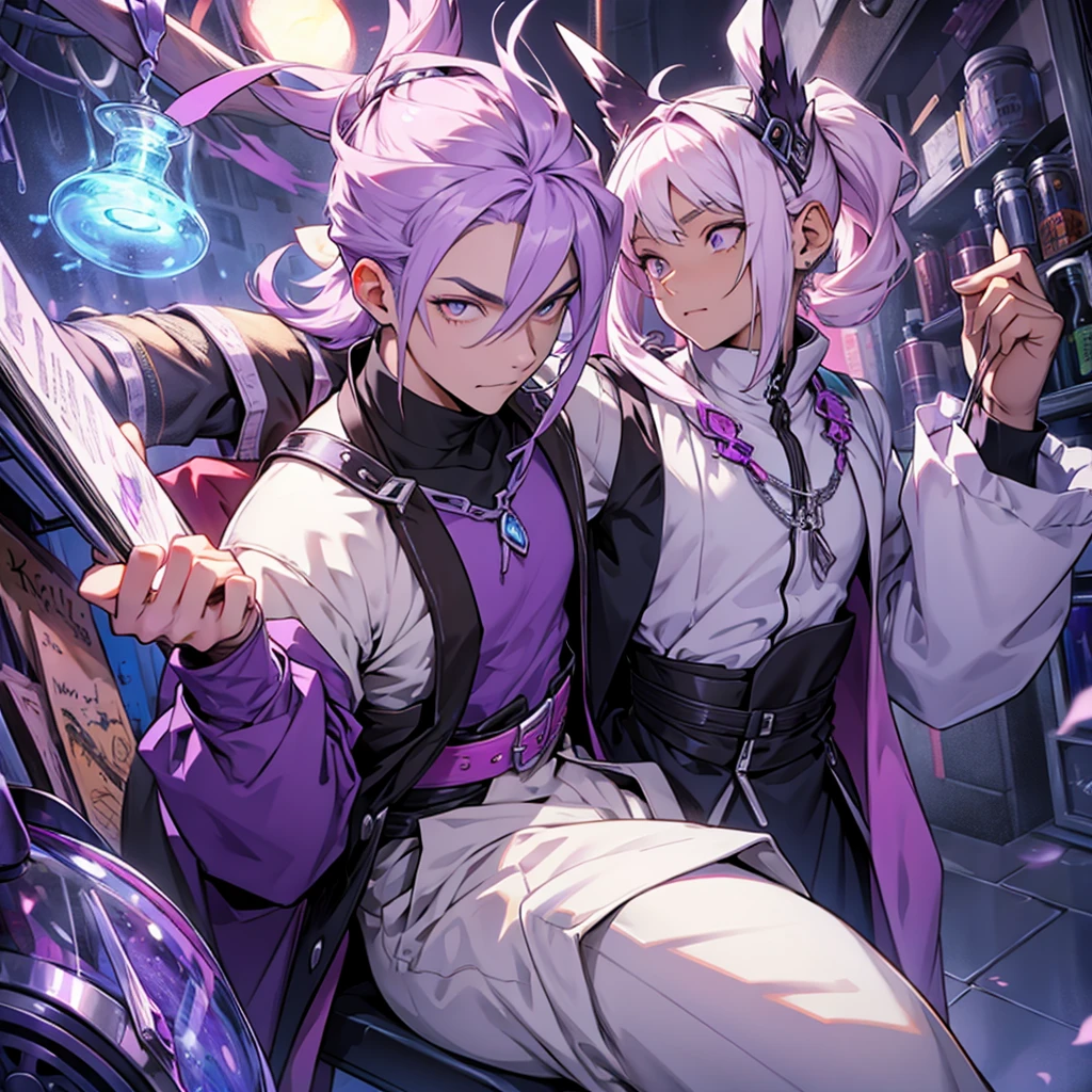 Male, alchemist, lilac hair and white eyes