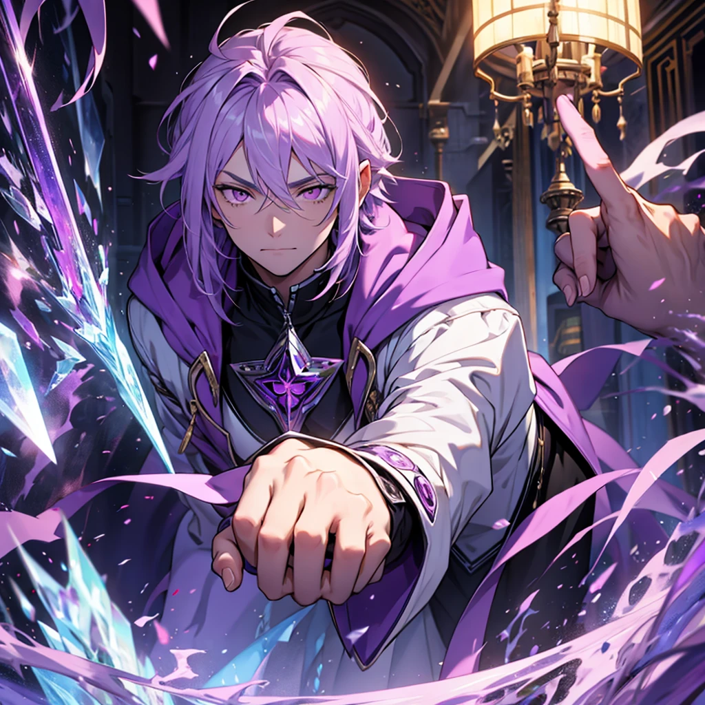 Male, alchemist, lilac hair and white eyes 