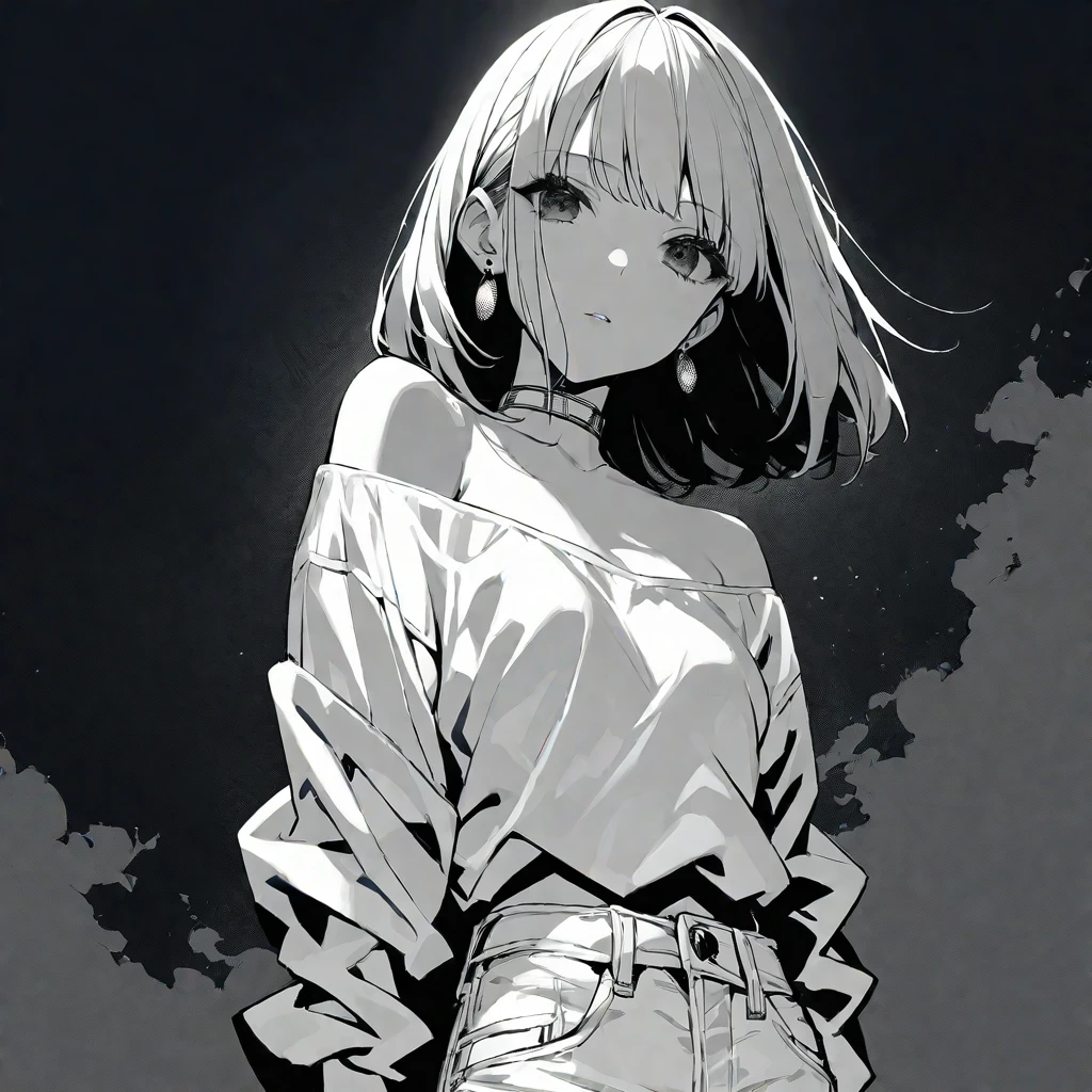solo, handsome, monochrome,
1. Female,
Hime cut,Straight Hair,Bob Hair,
BLACKhair,
Nakano Yotsuba,
BLACK Eyes,Soft look,beautiful,beautiful,Sexy,Darkness,Lots of silver earrings,choker,
White Off Shoulder,White Distressed jeans,パーカー ,skin,
BLACK background,