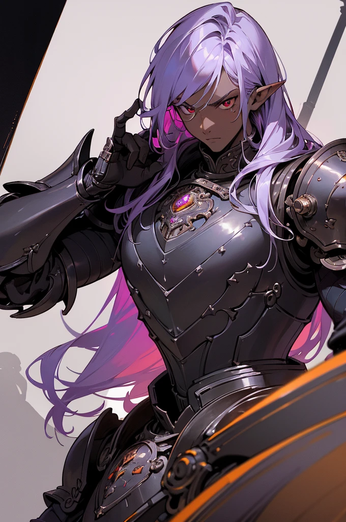 masterpiece, best quality, ultra high res, dark theme, 1boy, (dungeonpunk armor), (mechanical steampunk armor), (wearing armor), fantasy illustration, dark skinned, human, upper body, portrait, red eyes, long white hair, half-drow, pointy ears, serious face, young man, dramatic lighting, purple hue, art by Kinema Citrus