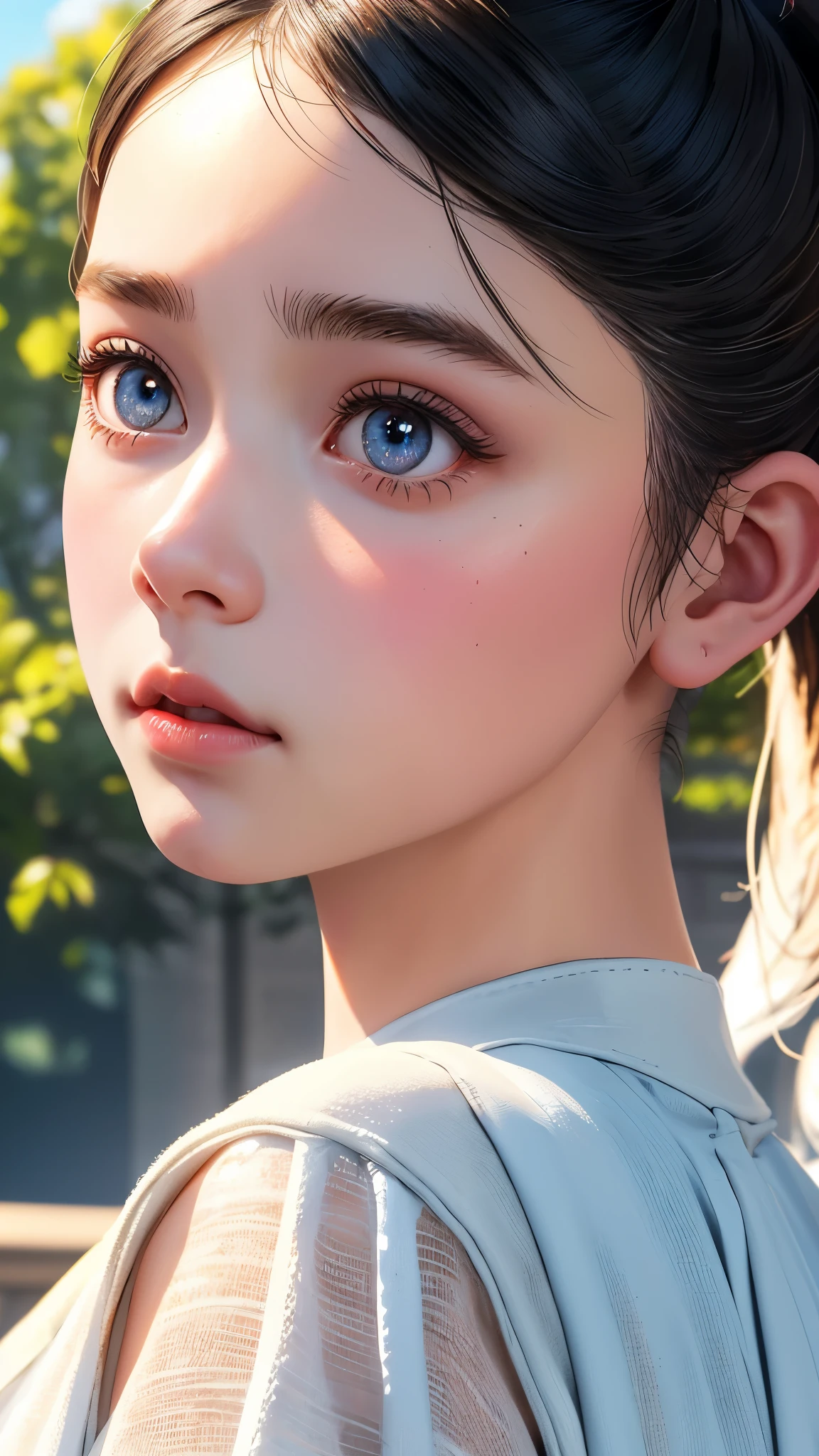 One Girl,(1人のとてもcute女の子:1.3),masterpiece,Highest quality,High resolution,From below,Low - Angle,Photorealistic,RAW Photos,Ray Tracing,beautiful girl,(15 years old:1.3),cute,Big eyes,(detailed pupils:1.2),(The face is facing straight ahead:1.3),Body facing forward,Beautiful nose,High nose,Upturned nose,Fuller lips,Short black hair,ponytail,short hair,Detailed eyelashes,Thin eyebrows,Very fine grain definition,(Symmetrical eyes:1.3),(Face close-up,Face Focus:1.0),Small breasts,Short neck,Off the shoulder,Red and white brick building,Western-style building,poplar tree,Portrait,View Viewer,Upper Body,Cinema Lighting,High resolution,Very detailed