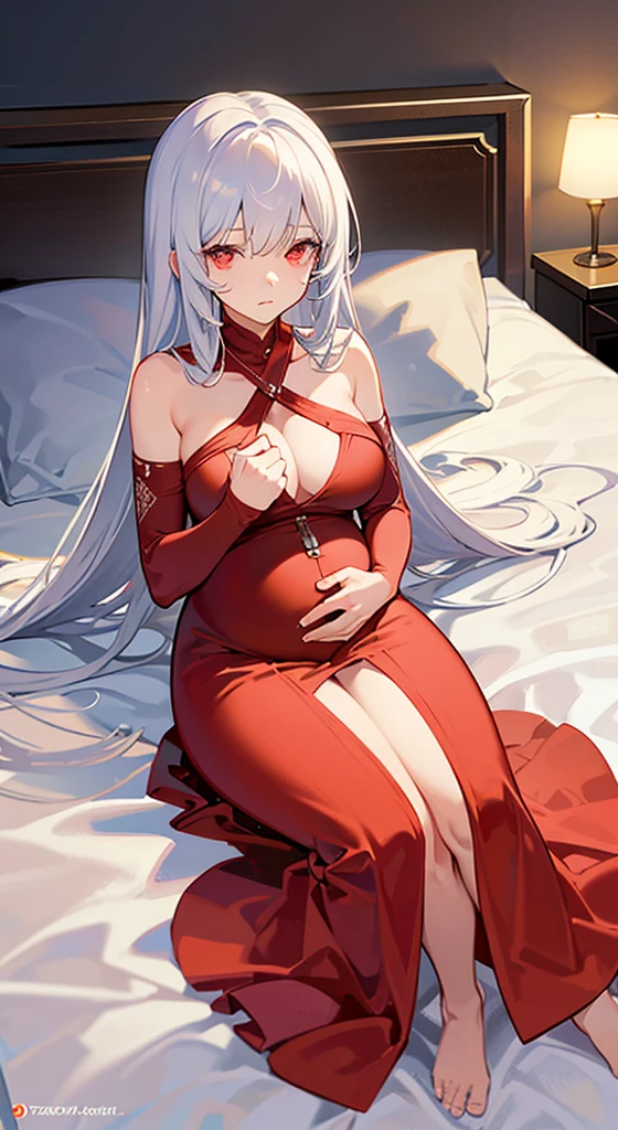 one pregnant anime girl with white hair and red eyes, chained and laying on a bed. Sad.  feeding