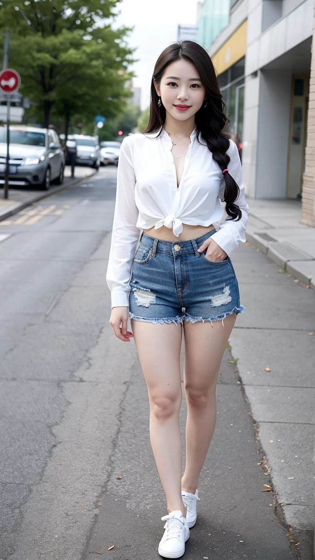 Wearing a white shirt, girl, (tight top:1.5),close your mouth and smile,legs long,Skinny super shorts,White skin of the,high high quality,4K, Face-to-face audience, 1 plump girl,hair tying up,at the street side,(Bring your legs together:1.5),with a round face, 32 inches in the chest, (sexy pose),(standing pose) ,(full body shot)、Chest 32 inches, ,Stand on the grass and take pictures