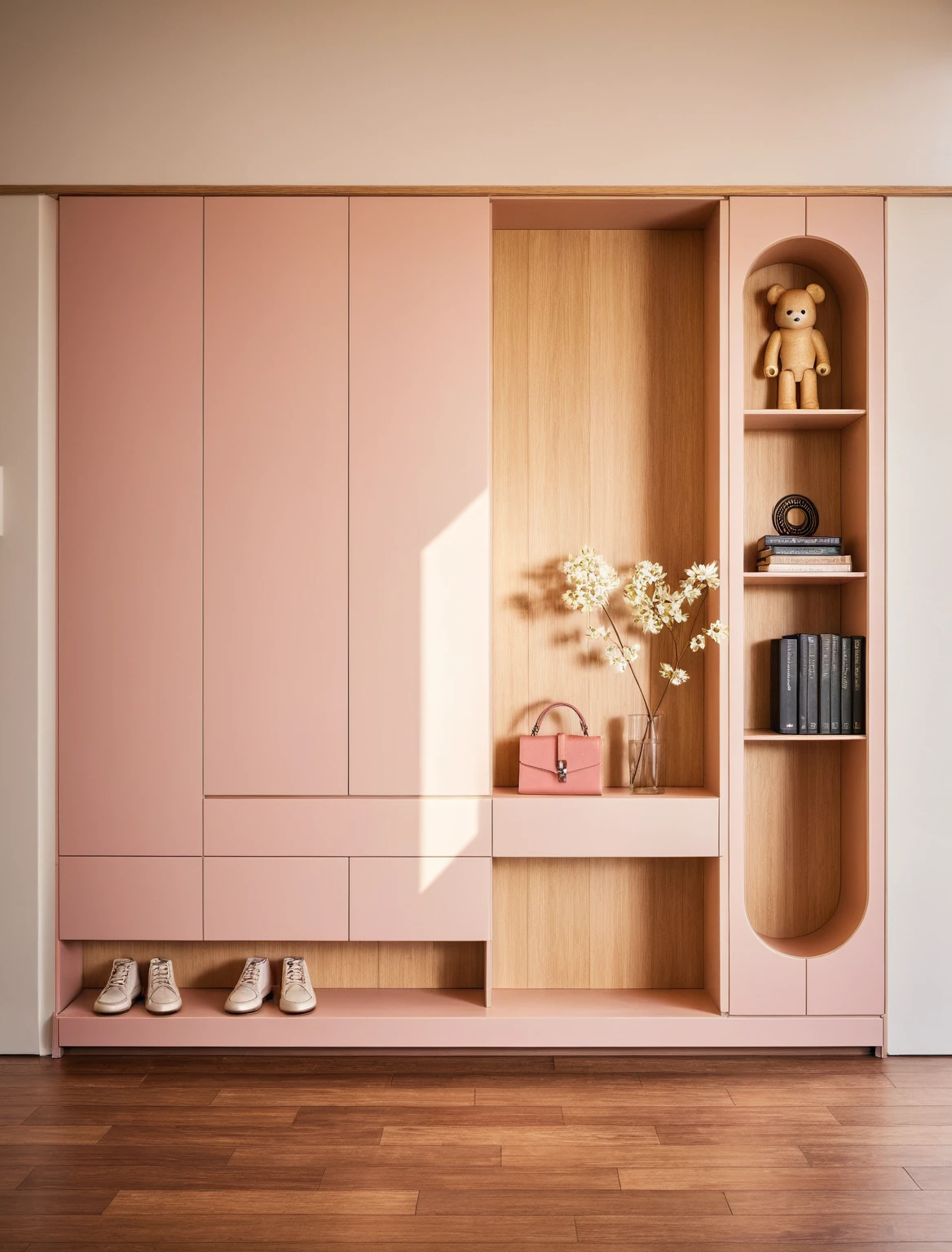 Raw photo,Masterpiece, high quality, best quality, authentic, super detail, interior, shoes Cabinet style modern luxury , sunset, daylight, shoe cabinets, decorative cabinets, flower vases, decorations, books, wooden floor, handbags, shoes, bearbrick, (pink and white tones)