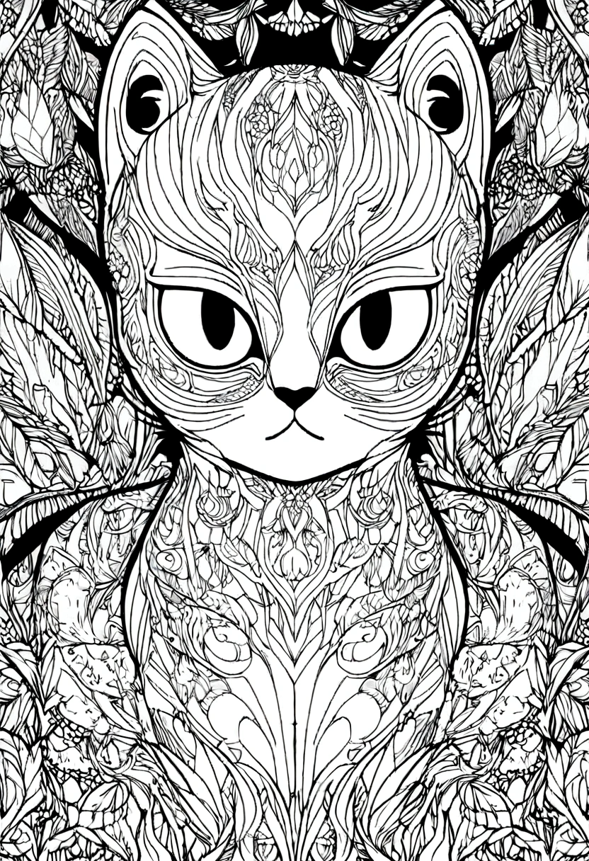 A drawing of a Burmese cat lying in a jungle field., coloring page, very detailed illustration, very detailed lines, extremely detailed line work, Very detailed portrait, incredibly detailed line of work, hyper detailed line art, Very detailed drawing, line art coloring page, very detailed illustration.", extremely detailed portrait, very detailed illustration, very detailed artwork, detailed digital drawing