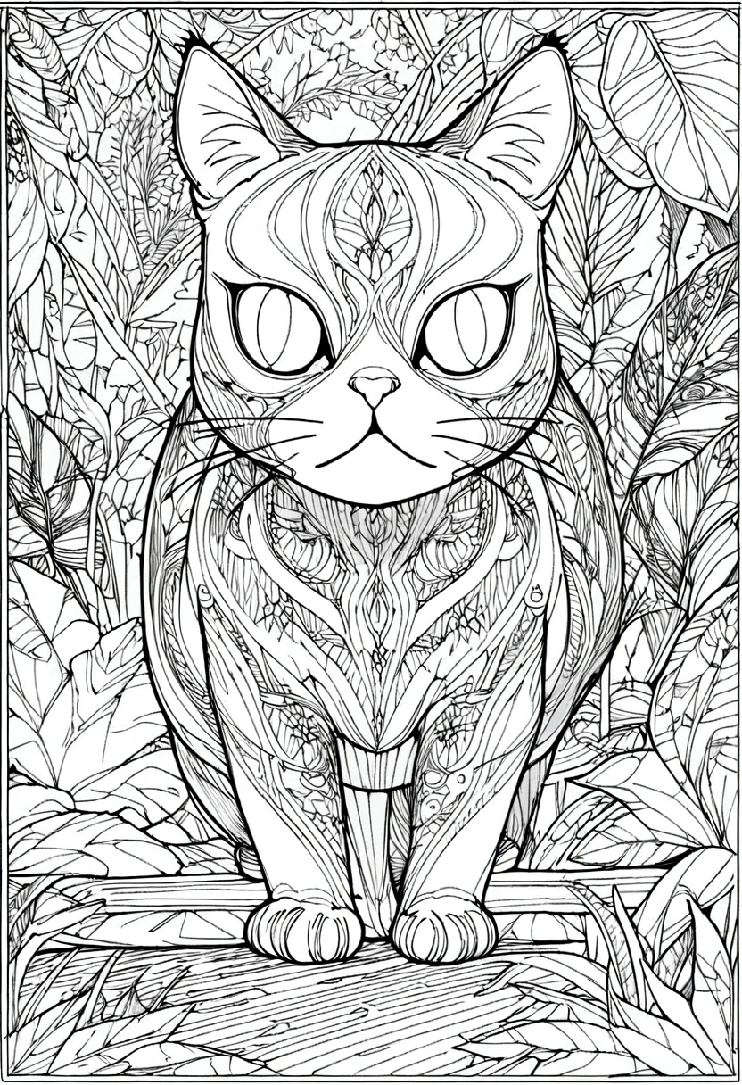 A drawing of a Burmese cat lying in a jungle field., coloring page, very detailed illustration, very detailed lines, extremely detailed line work, Very detailed portrait, incredibly detailed line of work, hyper detailed line art, Very detailed drawing, line art coloring page, very detailed illustration.", extremely detailed portrait, very detailed illustration, very detailed artwork, detailed digital drawing