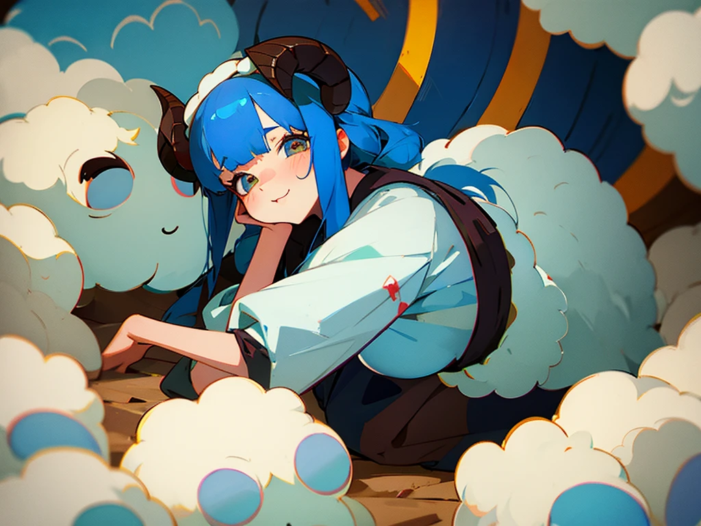 Sheep horns are cute,Blue Hair,woman,childhood,Hand-painted style