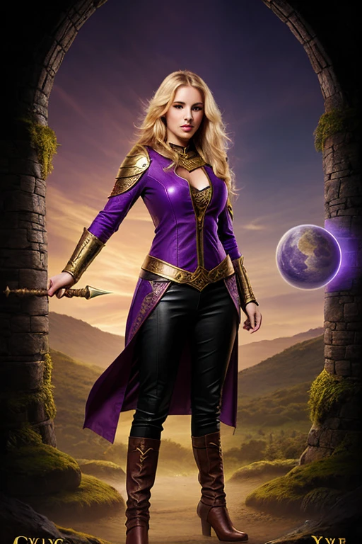 Young adult female fantasy druid, glowing purple eyes, oval face shape, flexible body, attractive, blond hair, leather clothes, hourglass body shape
