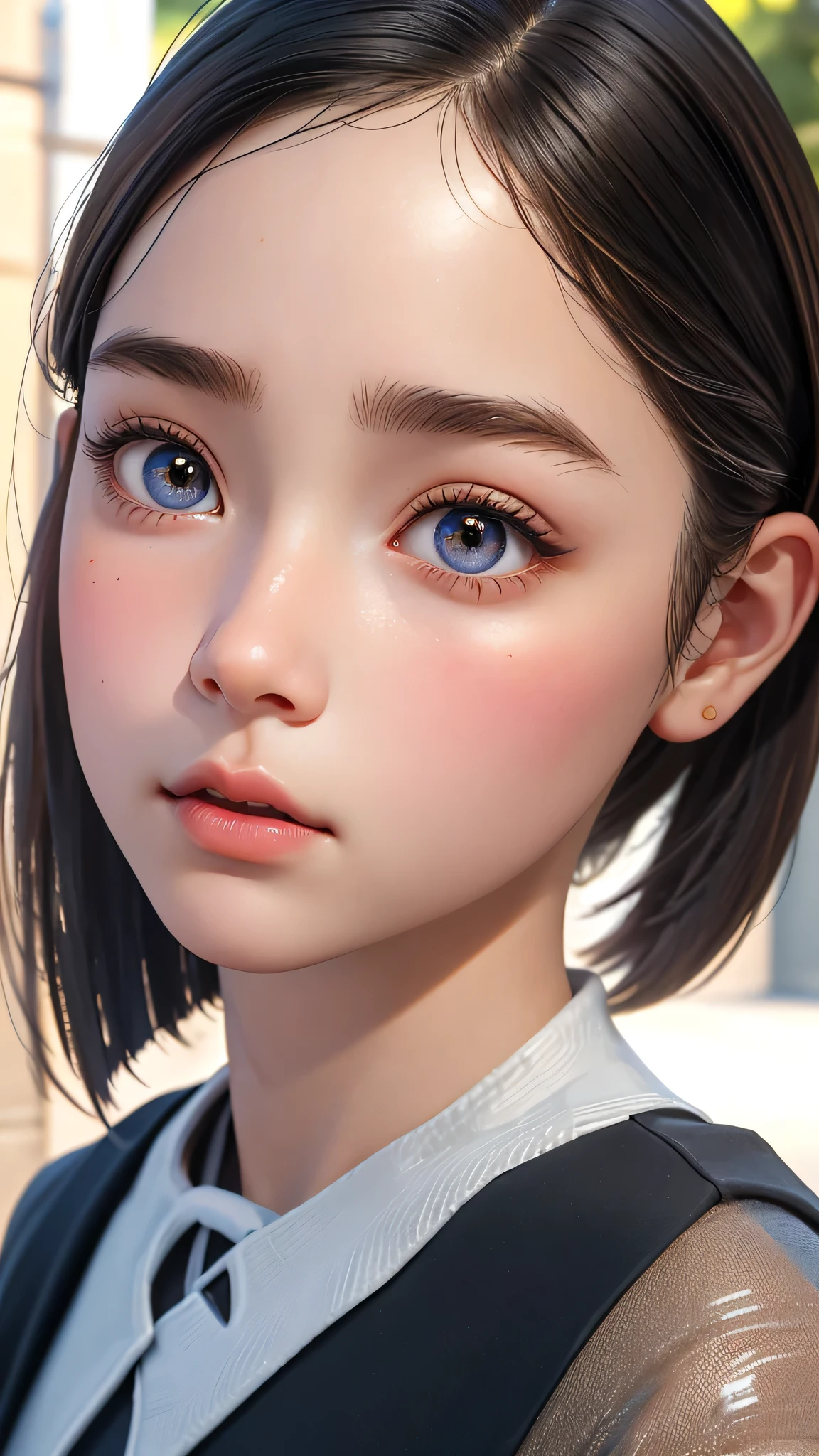 One Girl，(1人のとてもcute女の子:1.3)，masterpiece，Highest quality，High resolution，From below，Low - Angle，Photorealistic，RAW Photos，Ray Tracing，beautiful girl，(:1.3)，cute，Big eyes，(detailed pupils:1.2)，(The face is facing straight ahead:1.3)，Body facing forward，Beautiful nose，High nose，Upturned nose，Fuller lips，Short black hair，ponytail，short hair，Detailed eyelashes，Thin eyebrows，Very fine grain definition，(Symmetrical eyes:1.3)，(Face close-up，Face Focus:1.0)，Small breasts，Short neck，Off the shoulder，Red and white brick building，Western-style building，poplar tree，Portrait，View Viewer，Upper Body，Cinema Lighting，High resolution，Very detailed