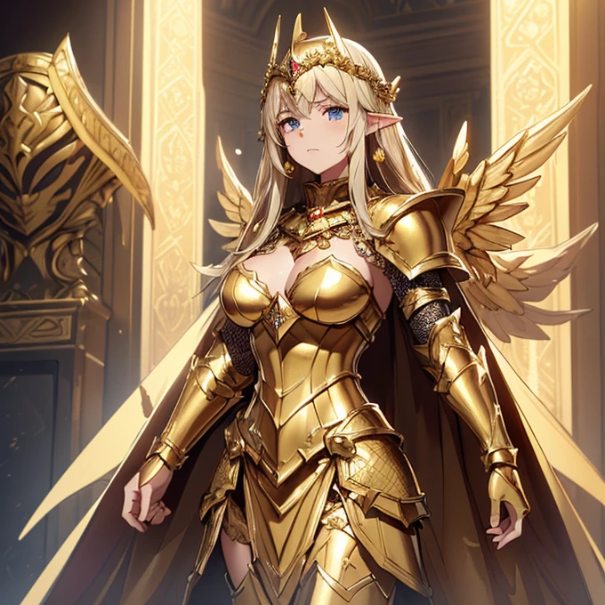 (absurdres, best high quality image, carefuly detailed features and textures, very detailed image, solo character alone, full character vew): {{Elf queen 1.000 years old} (full armored, no visible face and other body skin), (Full plate royal bulky heavy golden armor, big golden shoulder plates, full golden breastplate, full golden steel boots, full golden gauntles, golden chain mail under the armor, golden scale mail under the armor, helmet adorned with golden magic wings, front visor, golden helmet crest), (holding a golden longsword with her right arm, holding a huge golden shield with her left arm), (hostile demeanor), (standing on guard at her golden throne room, holding fiercely her sword and shield)}}