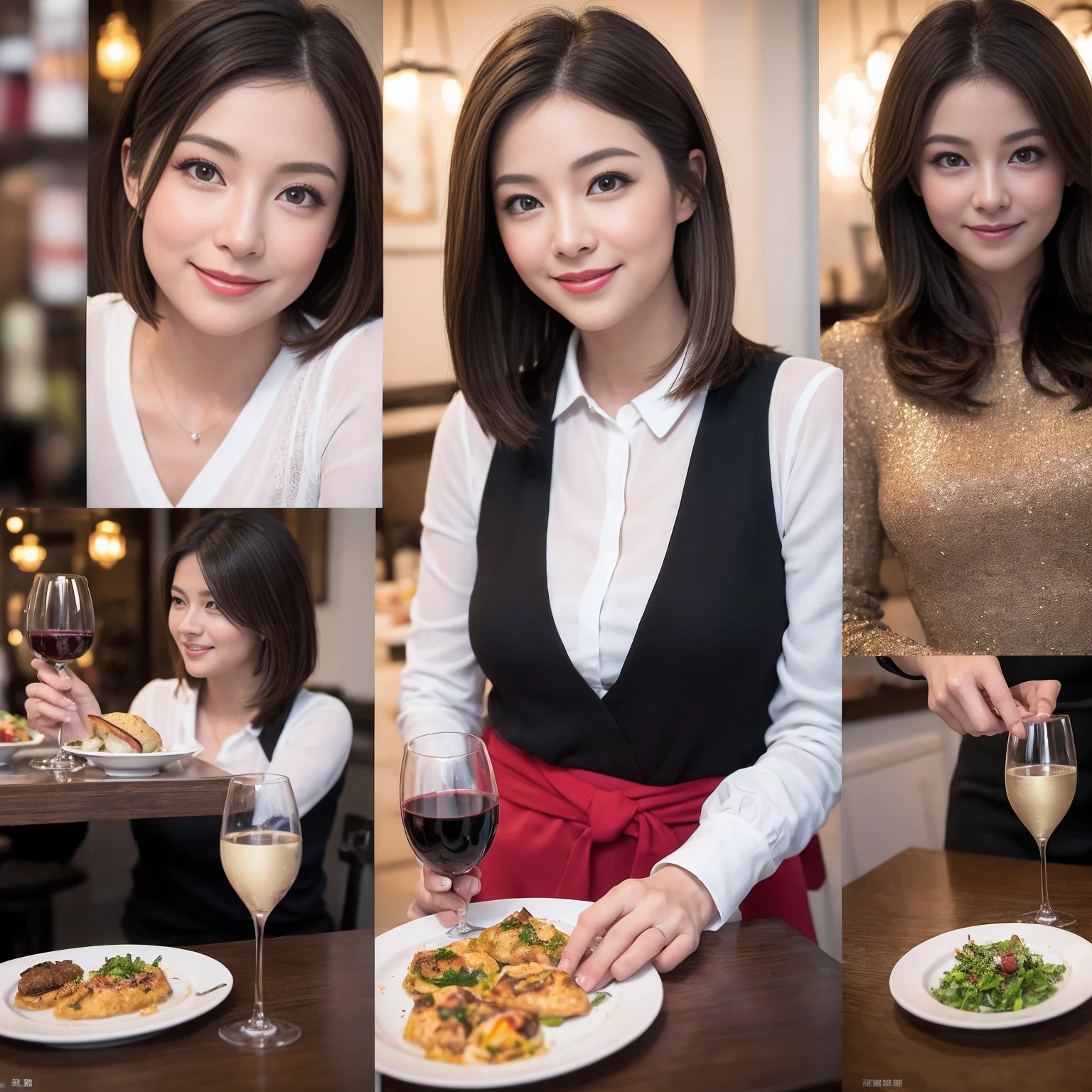 ((Highest quality、8K、masterpiece:1.3))、slimカップル、Pink rubber、modelカップル、(Realistic, Intricate details:1.2), full-course dinner、Wine Party、Amazing view of the sunset sky and clouds、A bright smile、The wonderfulness of smile、Bright image、The beauty of wine, Beautiful Face, blue eyes, The light shines on your face, Blushing, short hair,Bright Face、 (Age 37), 39 years old, red wine 、Appetizers、Italian food、Wine bottle、Champagne、sparkling wine、Two beauties、Brown Hair、Shortcuts、Long sleeve shirt、dress、Beautiful woman 1, (slimな顔), (The body is slim), (Brown Hair), (Shortcuts), cheeks turn a little red,Attractive beauty、restaurant, In a prominent place (From the waist up) Nova Frog Style, actress, model, Upper Body, White wine, slim, wine glass, 中央に置かれたwine glass, smile, (smile: 1.15), Beautiful fine grain, Depth f/2,saturation, High Contrast, Strong light and shadow,Moist Body:1.5、3D texture、Delicate eyes、Brown Hair、The hair is very shiny、