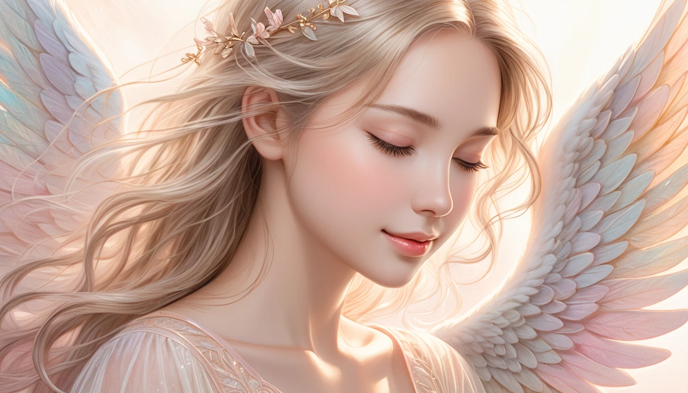 title: "Ethereal Whispers: Gentle smile" Art Style: Colored pencil drawing - texture: soft and ethereal, A color palette with a focus on subtle shading: Pastel tones with light gold accents, Light pink and light gold express transparency and gentleness: - The name of the piece: Waist shot portrait of an adult angel with a gentle expression with eyes closed, Front View - Features: Delicately defined, Emphasizing the transparency and purity of your subject&#39;s skin - Expression: Subtleties, Gentle smile, Communicating Inner Peace and Contentment - Eyes: softly closed or gazing downwards, Enhances a sense of introspection and calm - Hair: Light and airy, Fine hairs highlighted by sunlight, Increased transparency - background: Blurred, Dreamy Background - Elements: Reminiscent of a serene natural landscape, Soft focus garden and watercolor sky - lighting: soft, Diffuse light illuminating the subject&#39;s face, Emphasise transparency and purity of expression: Peaceful and introspective, Capturing moments of quiet joy and ethereal beauty,Highest quality,Top quality exquisite and realistic angel wings,soft光を放つ大きな翼,1 Female,Cute angel,Smiling Angel,Angel wearing a long-sleeved white blouse,Lolita,Long sleeve blouse,Angel wearing western clothes,Close up of hands,A soft magical light emanates from your hands,Reiki,Emit healing energy from your hands,magical energy,Smiling angel with eyes closed,pray天使,meditation,pray,Bright landscape,A gentle gaze,love,mercy,にっこりとSmiling Angel,rainbow,Top quality masterpiece, Highest quality and official artistic standards, A beautiful and visually stunning angel,This piece is very ingenious, rich in color, Exquisitely crafted down to the last detail, Vibrant, Vibrant, A unique visual experience. Optical blending technology brings playful patterns、Add depth to your artwork, Enhances overall texture and color richness, Beautiful angel,Focus on the hands,Focus on the magic light,noon,Midsummer,Bright sunshine,albino,Blonde Hair