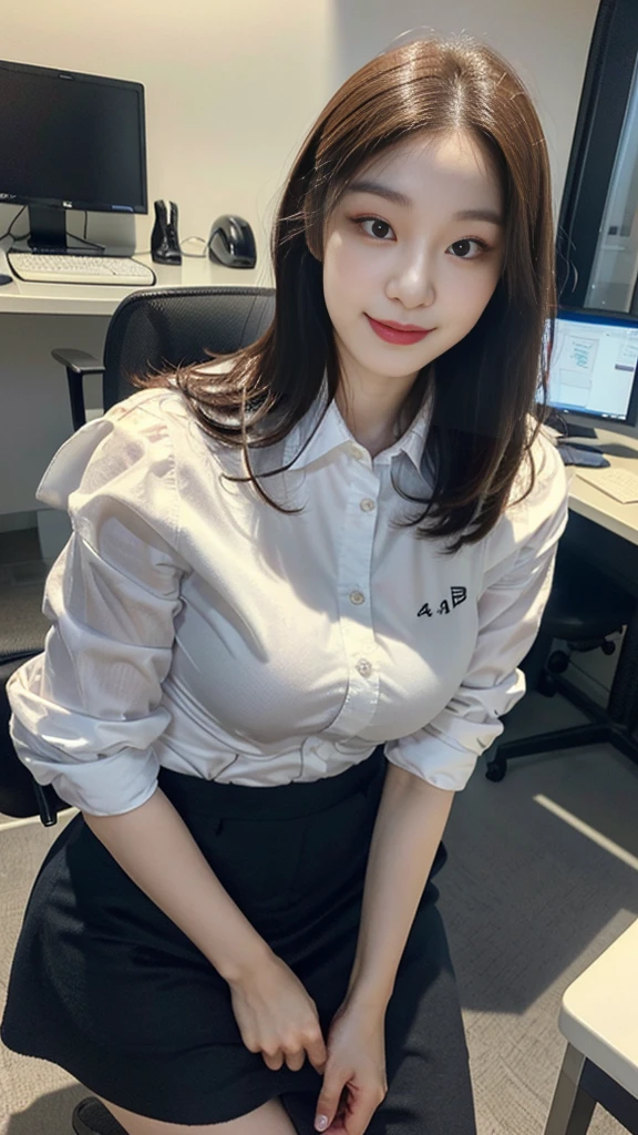 ((top-quality、​masterpiece、photographrealistic:1.4、in 8K))、Beautuful Women１a person、25years old、delicate and beautiful face、Eyes and faces with detailed 、(Modern workplace with computer:1.2)、(Shirt:1.2)、(standing:1.2)、A smile、Beautiful lighting、Textured skin、Super Detail、high detailing、High quality、hight resolution、（looking at the viewers）、Detailed mouth、Opening Mouth、full body Esbian、tight skirts、Women at work、Fishnet Stockings、Coffee、window、Women who can work、high-heels, short hair 